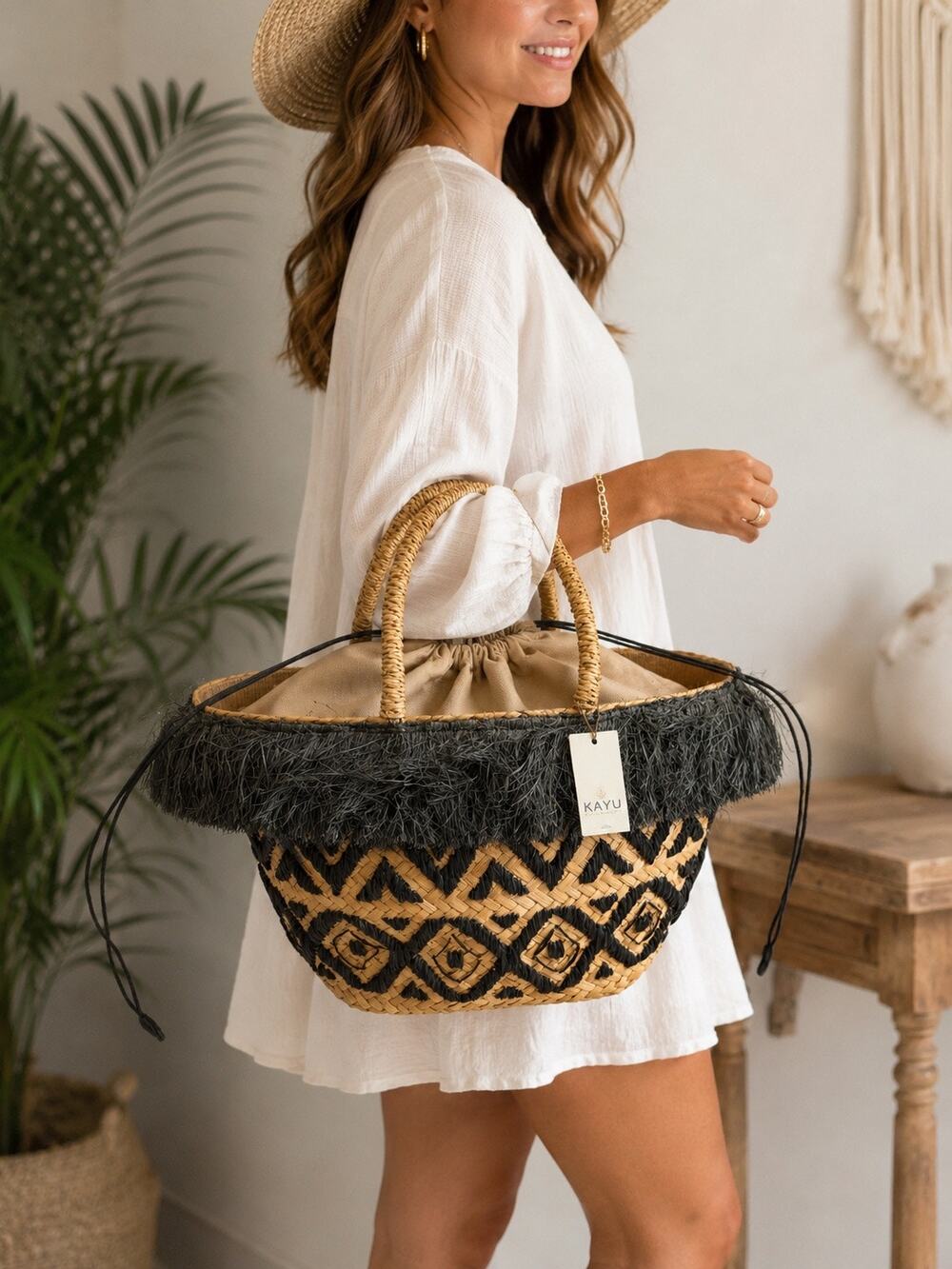 KAYU NWT Woven Straw Tote Black Fringe Beach Market Bag Drawstring Closure